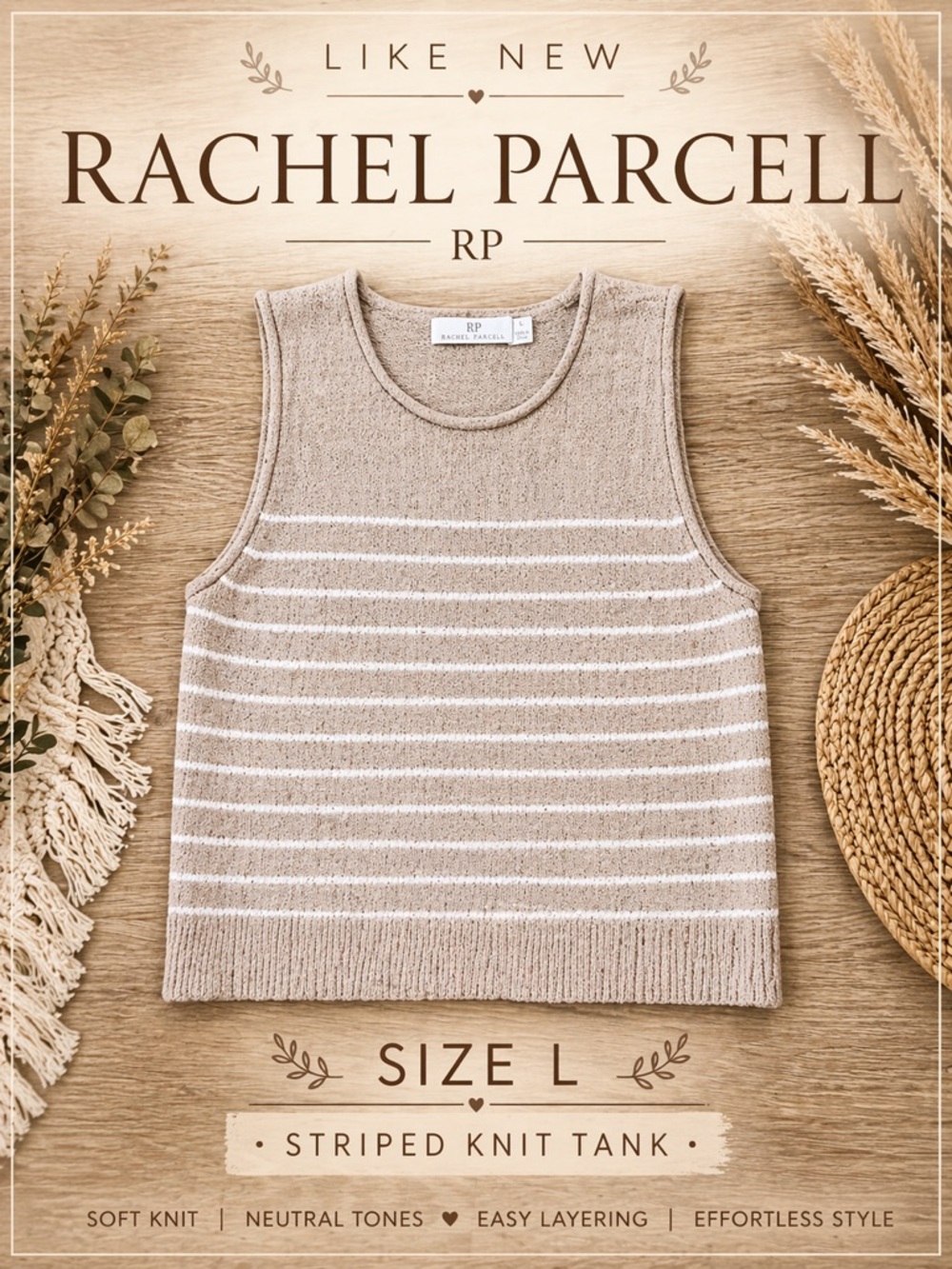RP Rachel Parcell Striped Knit Tank Top Size L Neutral Boho Like New